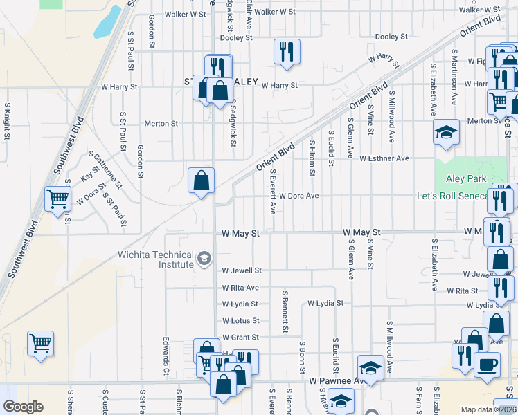 map of restaurants, bars, coffee shops, grocery stores, and more near 2250-2298 Dora Street in Wichita