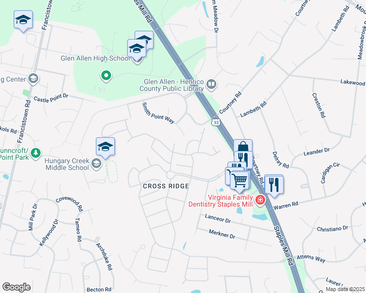 map of restaurants, bars, coffee shops, grocery stores, and more near 3504 Bohannon Drive in Glen Allen