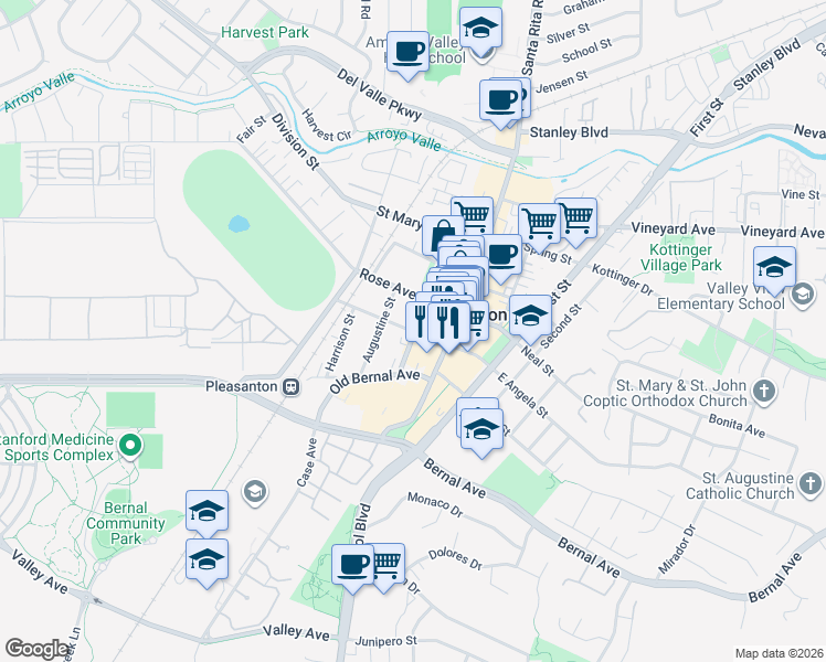 map of restaurants, bars, coffee shops, grocery stores, and more near 220 West Angela Street in Pleasanton