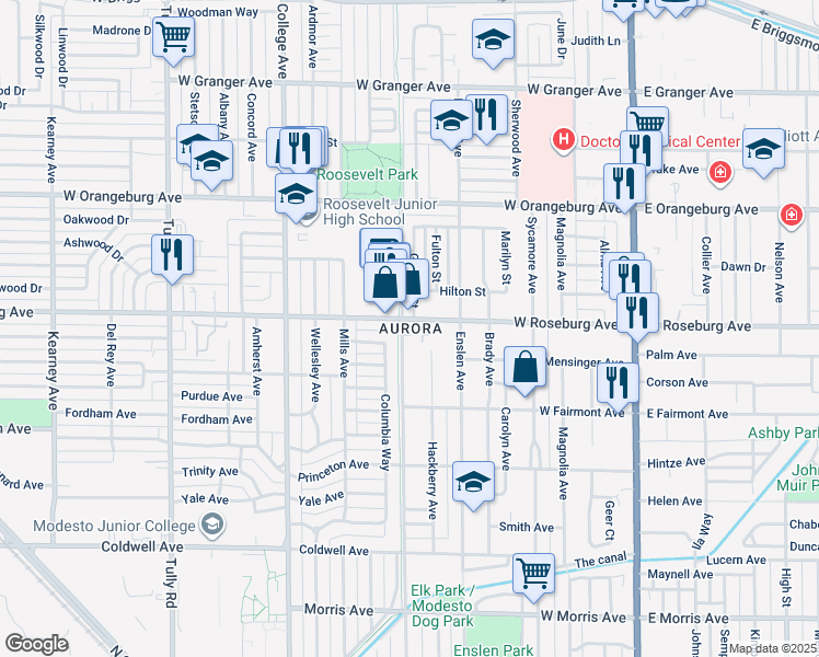 map of restaurants, bars, coffee shops, grocery stores, and more near in Modesto