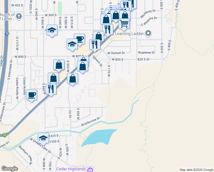 map of restaurants, bars, coffee shops, grocery stores, and more near 981 South 170 West in Cedar City