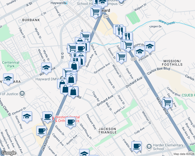 map of restaurants, bars, coffee shops, grocery stores, and more near 475 Sycamore Avenue in Hayward