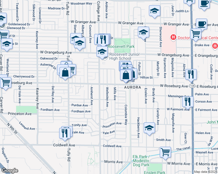 map of restaurants, bars, coffee shops, grocery stores, and more near 1126 Wellesley Avenue in Modesto