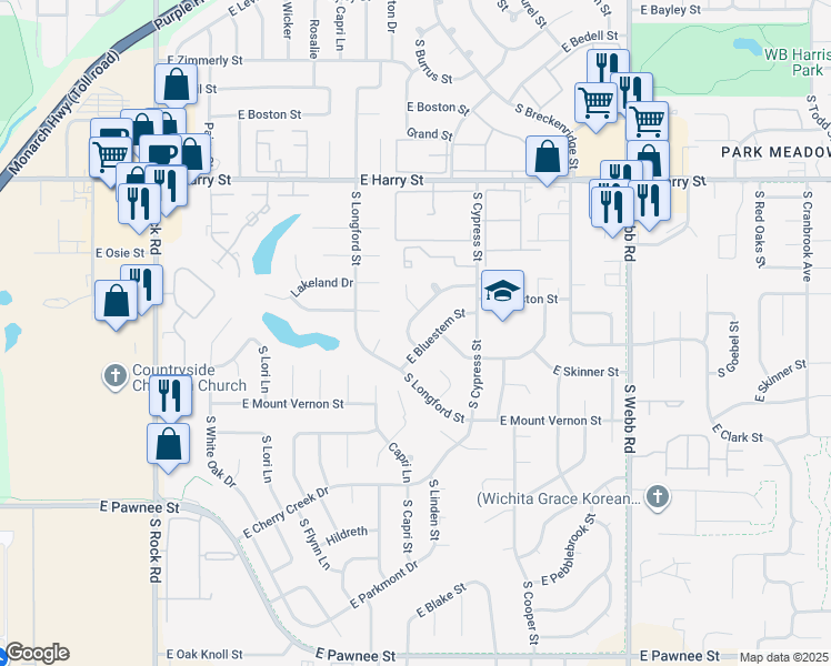 map of restaurants, bars, coffee shops, grocery stores, and more near 8904 East Funston Court in Wichita