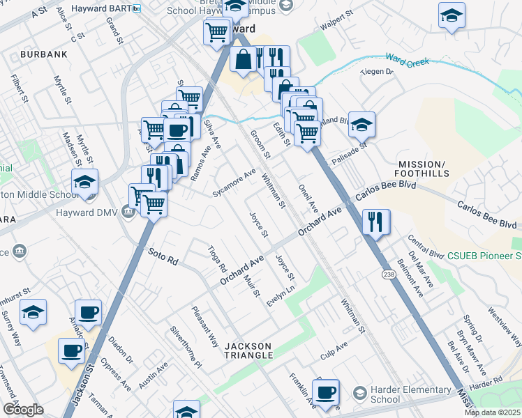 map of restaurants, bars, coffee shops, grocery stores, and more near 24675 Joanne Street in Hayward
