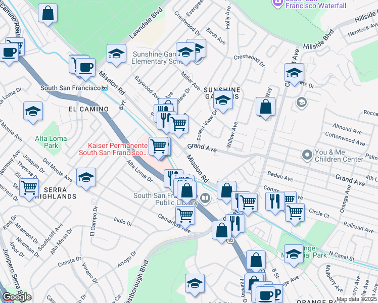 map of restaurants, bars, coffee shops, grocery stores, and more near 1090 Mission Road in South San Francisco