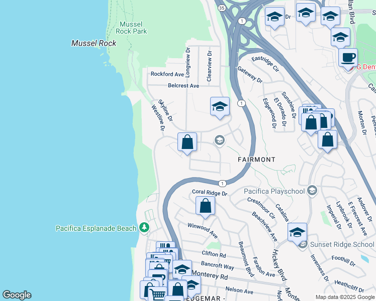 map of restaurants, bars, coffee shops, grocery stores, and more near 5017 Palmetto Avenue in Pacifica