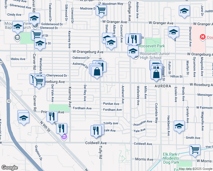 map of restaurants, bars, coffee shops, grocery stores, and more near 1225 West Roseburg Avenue in Modesto