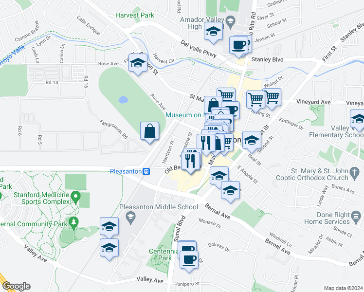 map of restaurants, bars, coffee shops, grocery stores, and more near 361 West Angela Street in Pleasanton