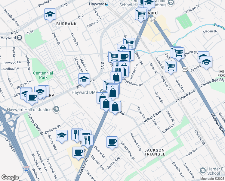 map of restaurants, bars, coffee shops, grocery stores, and more near 24250 Magna Avenue in Hayward