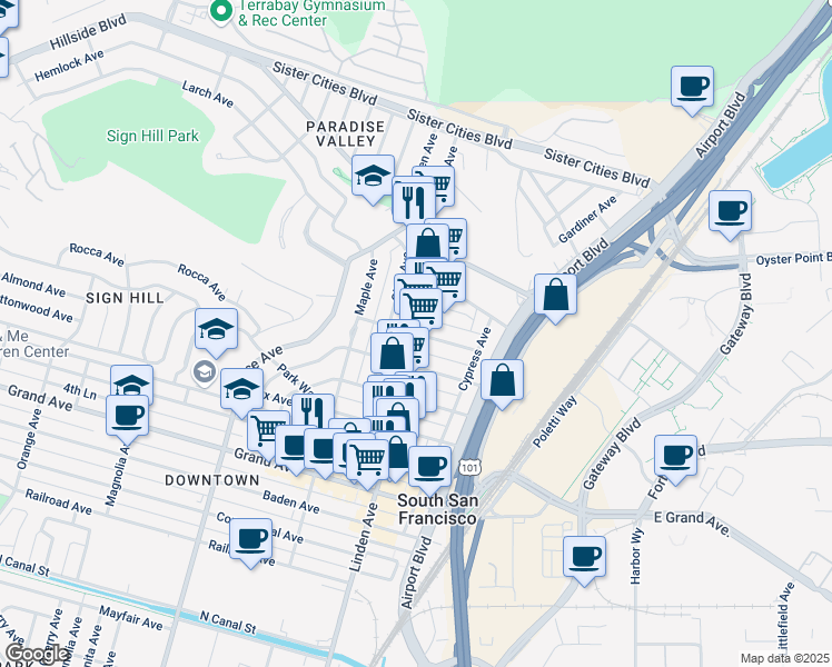 map of restaurants, bars, coffee shops, grocery stores, and more near 807 Hickory Place in South San Francisco