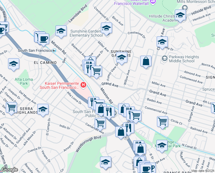 map of restaurants, bars, coffee shops, grocery stores, and more near 1056 Grand Avenue in South San Francisco