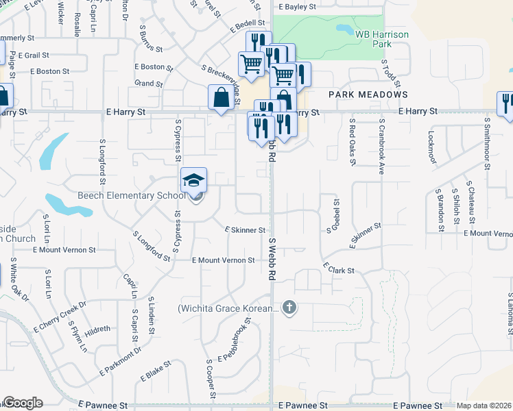 map of restaurants, bars, coffee shops, grocery stores, and more near 1825 South Stacey Street in Wichita