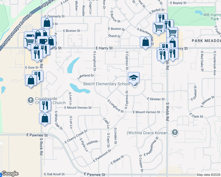 map of restaurants, bars, coffee shops, grocery stores, and more near 8904 East Funston Court in Wichita