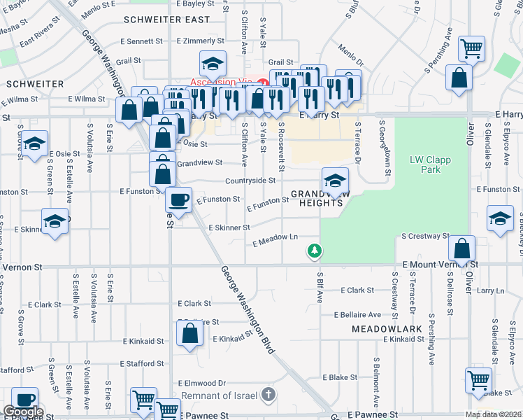 map of restaurants, bars, coffee shops, grocery stores, and more near 1784 South Yale Street in Wichita