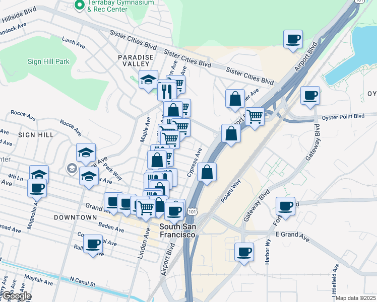 map of restaurants, bars, coffee shops, grocery stores, and more near 217 Juniper Avenue in South San Francisco