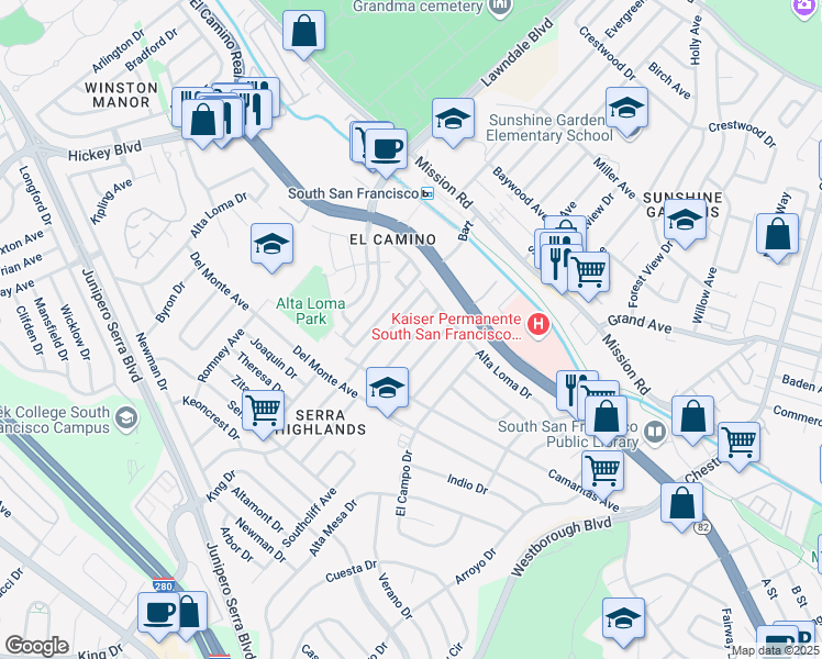 map of restaurants, bars, coffee shops, grocery stores, and more near 20 San Felipe Avenue in South San Francisco
