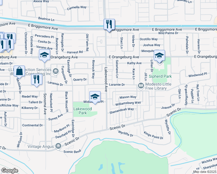 map of restaurants, bars, coffee shops, grocery stores, and more near 1128 Lakewood Avenue in Modesto