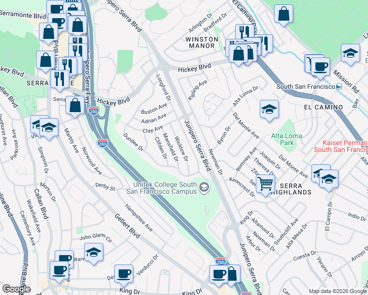 map of restaurants, bars, coffee shops, grocery stores, and more near 227 Wicklow Drive in South San Francisco