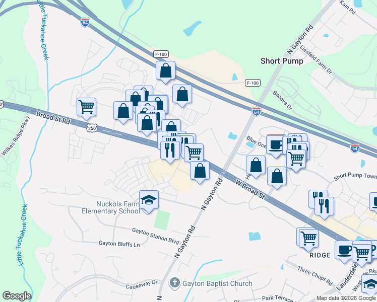 map of restaurants, bars, coffee shops, grocery stores, and more near 12120 West Broad Street in Richmond