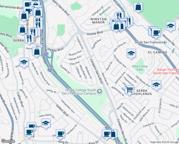 map of restaurants, bars, coffee shops, grocery stores, and more near 227 Wicklow Drive in South San Francisco
