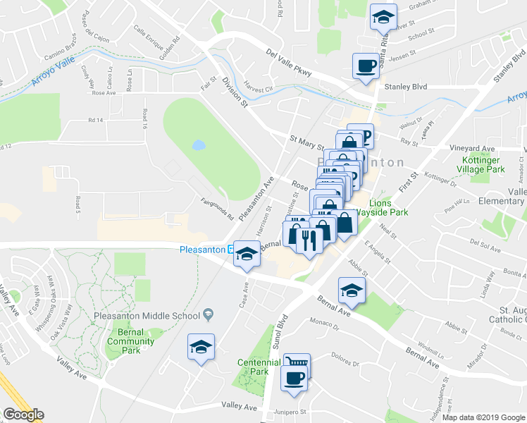map of restaurants, bars, coffee shops, grocery stores, and more near 4741 Harrison Street in Pleasanton