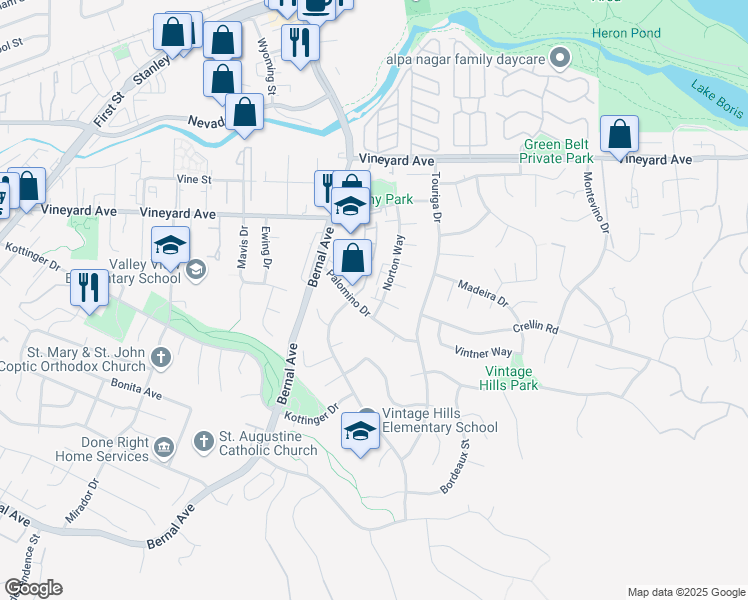 map of restaurants, bars, coffee shops, grocery stores, and more near 728 Palomino Drive in Pleasanton