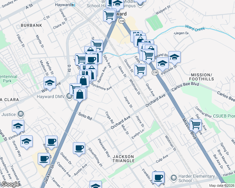 map of restaurants, bars, coffee shops, grocery stores, and more near 24570 Thomas Avenue in Hayward