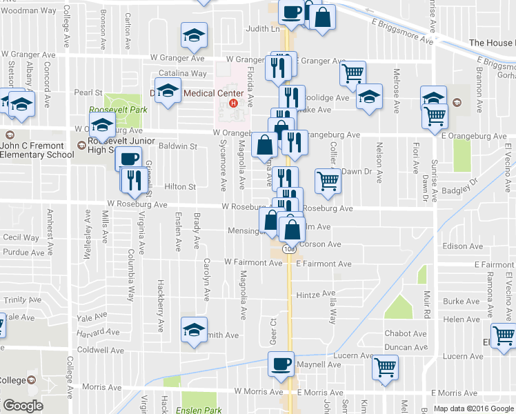 map of restaurants, bars, coffee shops, grocery stores, and more near 223 West Roseburg Avenue in Modesto