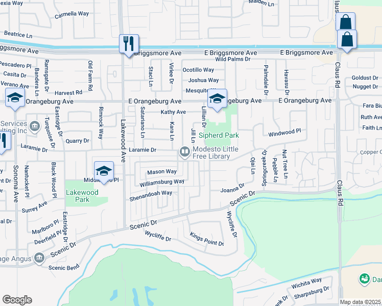 map of restaurants, bars, coffee shops, grocery stores, and more near 3116 Laramie Drive in Modesto