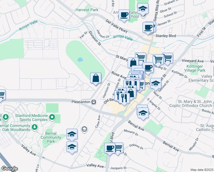 map of restaurants, bars, coffee shops, grocery stores, and more near 4741 Harrison Street in Pleasanton