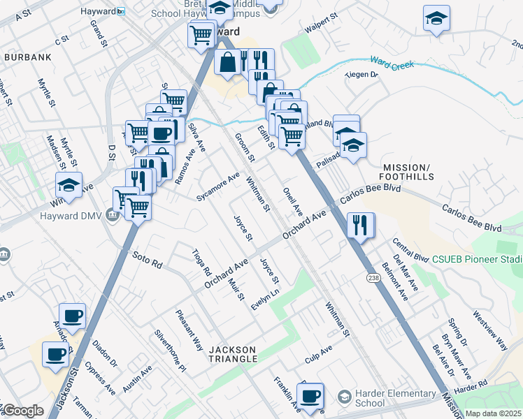 map of restaurants, bars, coffee shops, grocery stores, and more near 24652 Joanne Street in Hayward