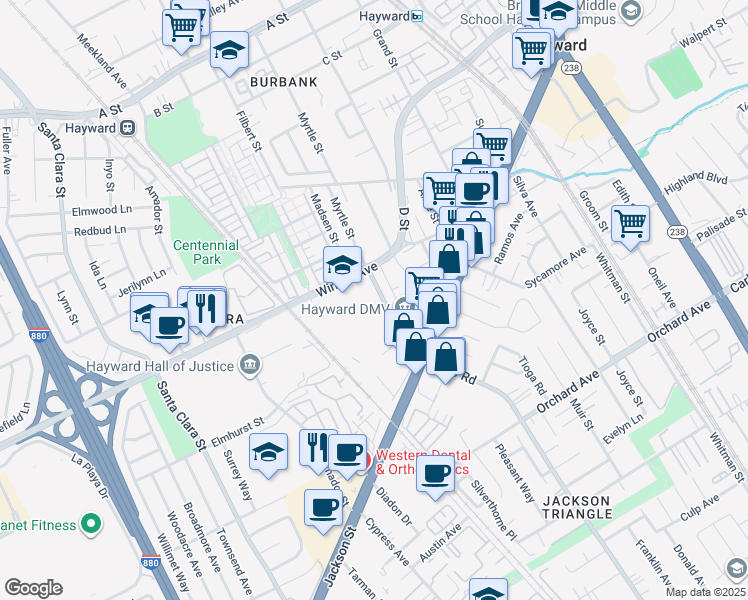 map of restaurants, bars, coffee shops, grocery stores, and more near 24193 Soto Road in Hayward