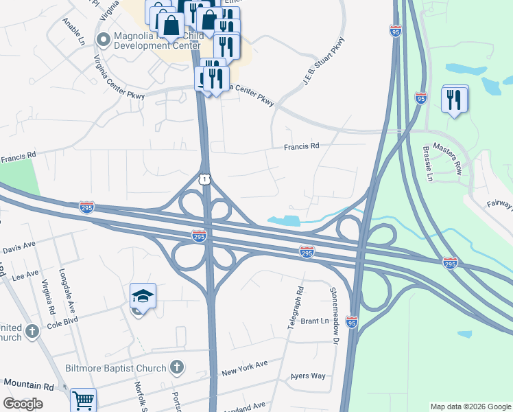 map of restaurants, bars, coffee shops, grocery stores, and more near 909 Harmony Road in Glen Allen