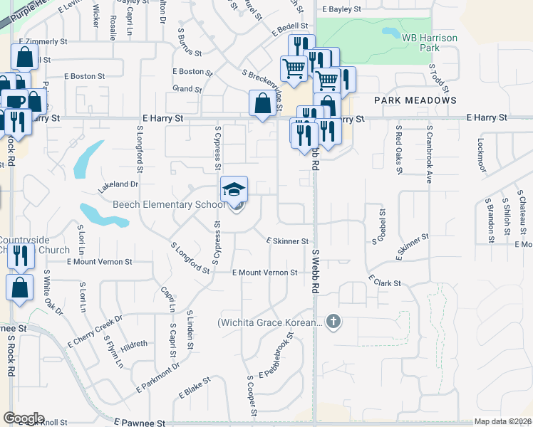 map of restaurants, bars, coffee shops, grocery stores, and more near 1817 South Beech Street in Wichita