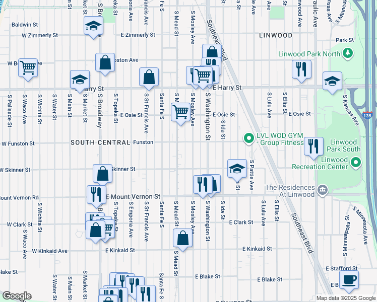 map of restaurants, bars, coffee shops, grocery stores, and more near 1808 South Mosley Street in Wichita