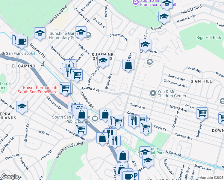 map of restaurants, bars, coffee shops, grocery stores, and more near 300 Brosnan Court in South San Francisco