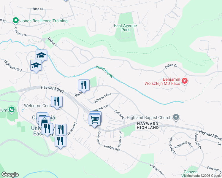 map of restaurants, bars, coffee shops, grocery stores, and more near 26373 Parkside Drive in Hayward