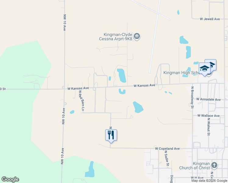 map of restaurants, bars, coffee shops, grocery stores, and more near 1111 West Kansas Avenue in Kingman