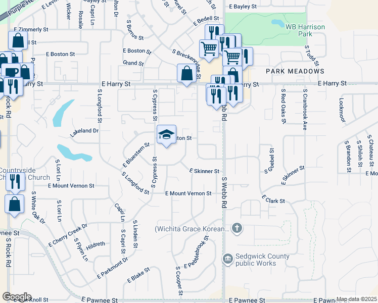 map of restaurants, bars, coffee shops, grocery stores, and more near 1817 South Beech Street in Wichita