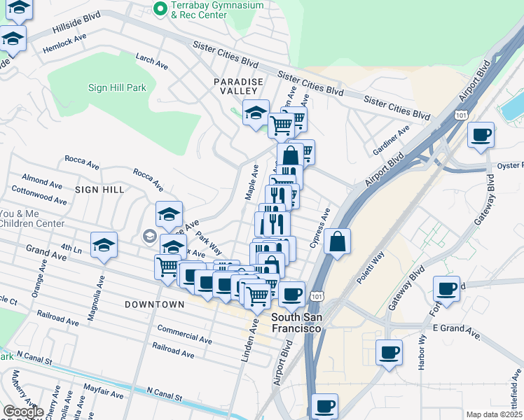 map of restaurants, bars, coffee shops, grocery stores, and more near 723 Olive Avenue in South San Francisco