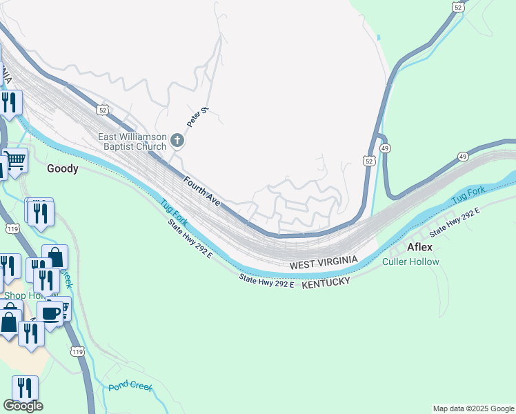 map of restaurants, bars, coffee shops, grocery stores, and more near 987 Sycamore St in Williamson