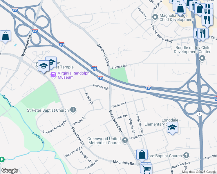 map of restaurants, bars, coffee shops, grocery stores, and more near 2070 Francis Road in Glen Allen