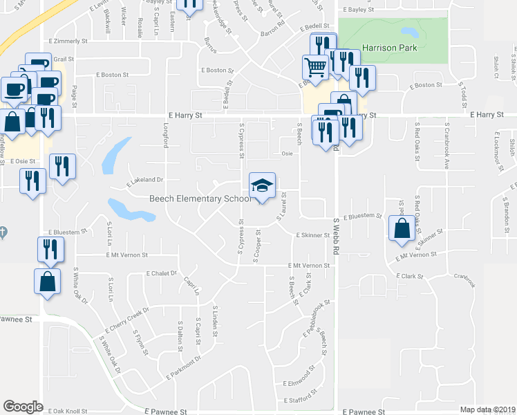 map of restaurants, bars, coffee shops, grocery stores, and more near 1830 South Cypress Street in Wichita