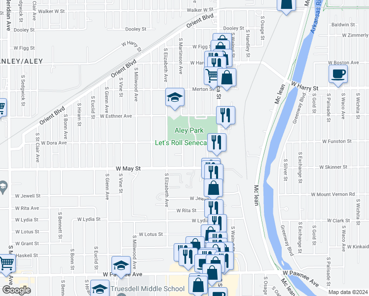 map of restaurants, bars, coffee shops, grocery stores, and more near 1341 Dora Street in Wichita