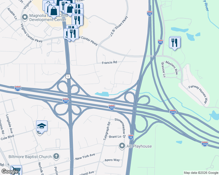 map of restaurants, bars, coffee shops, grocery stores, and more near 10106 Telegraph Road in Glen Allen