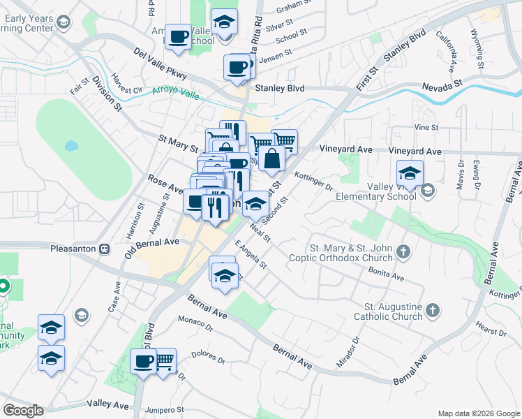 map of restaurants, bars, coffee shops, grocery stores, and more near 4420 First Street in Pleasanton