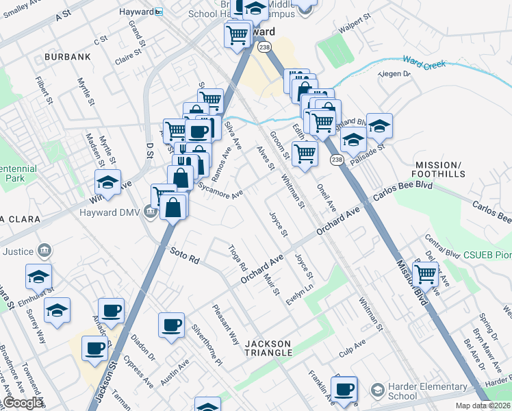 map of restaurants, bars, coffee shops, grocery stores, and more near 24570 Thomas Avenue in Hayward
