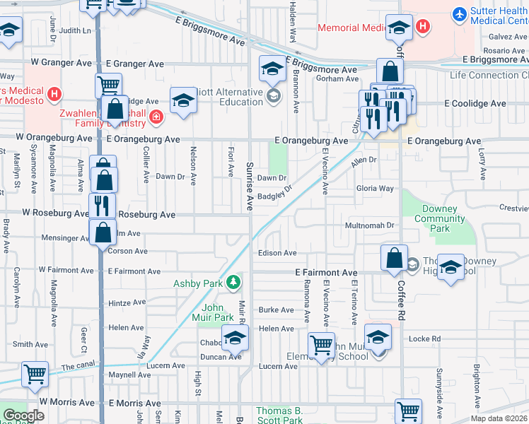 map of restaurants, bars, coffee shops, grocery stores, and more near 712 Badgley Drive in Modesto