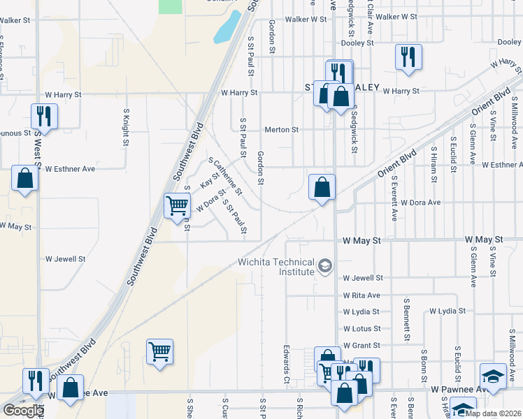 map of restaurants, bars, coffee shops, grocery stores, and more near 1922 South Gordon Street in Wichita